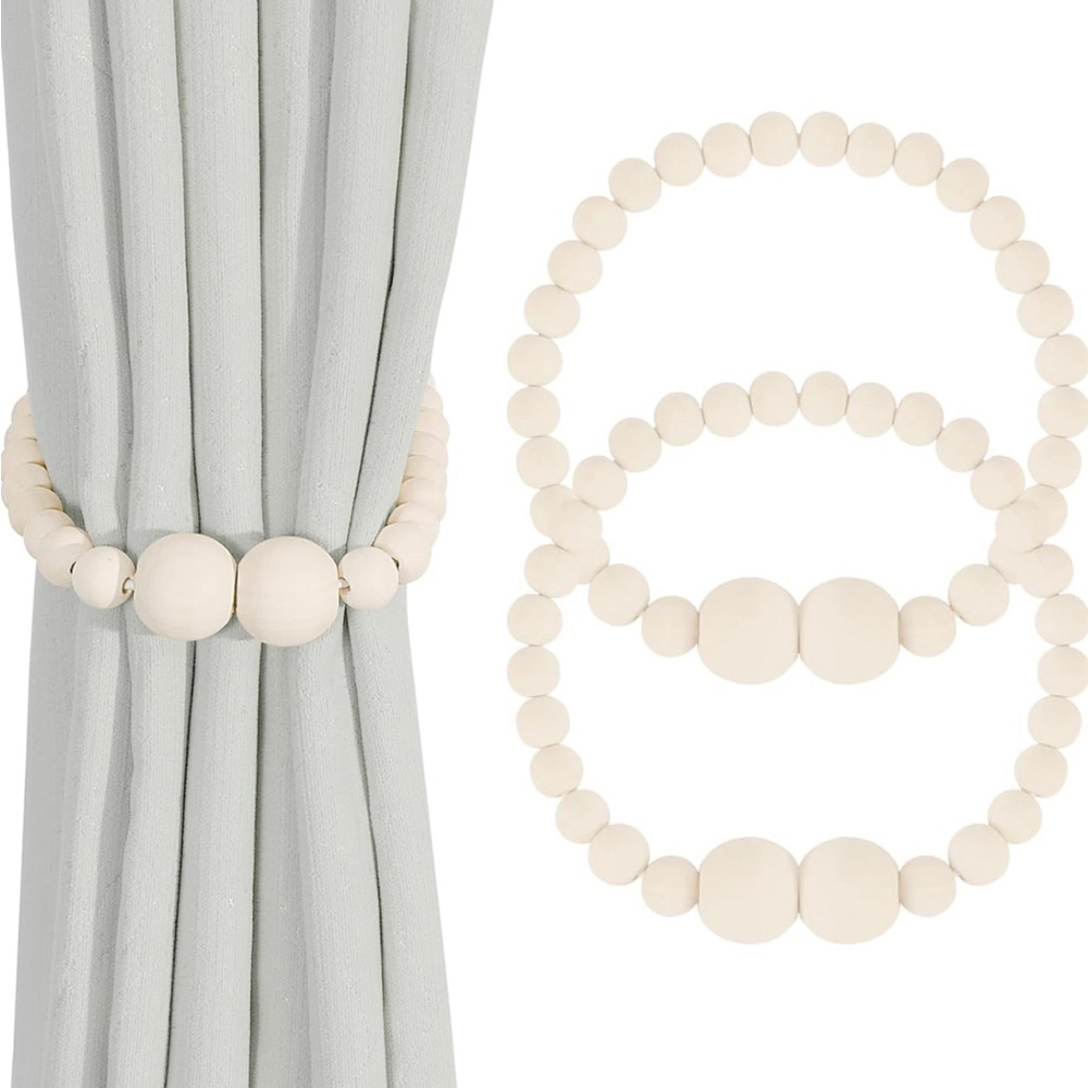 Beige Wooden Bead Curtain Tiebacks